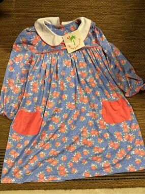 Smiley Peach Floral Long-Sleeve Girls Dress in Blue and Coral